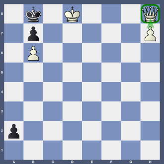 Stellung B 39 1k1K4/1p5P/1P6/8/8/8/p7/8 w Lösung: 1.h8D